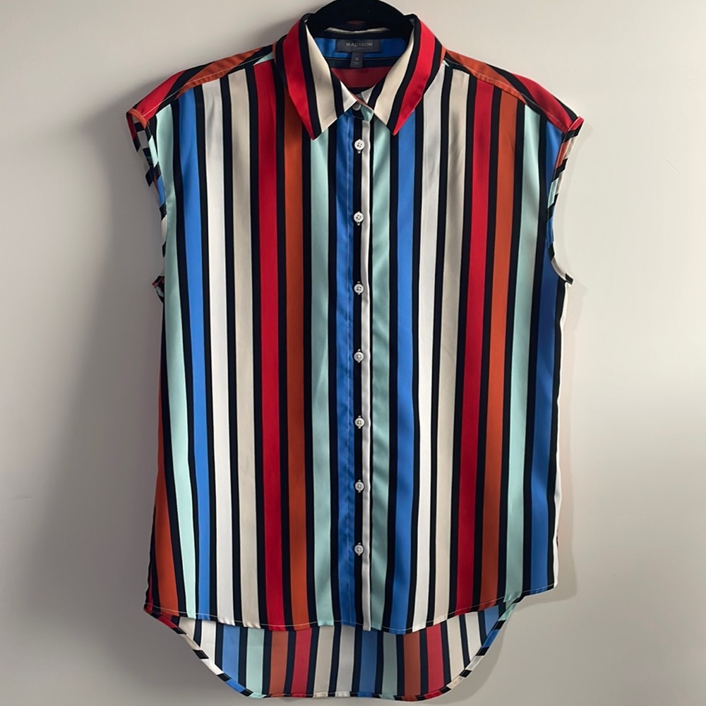 Striped multi color silky material tank top - Size Small
